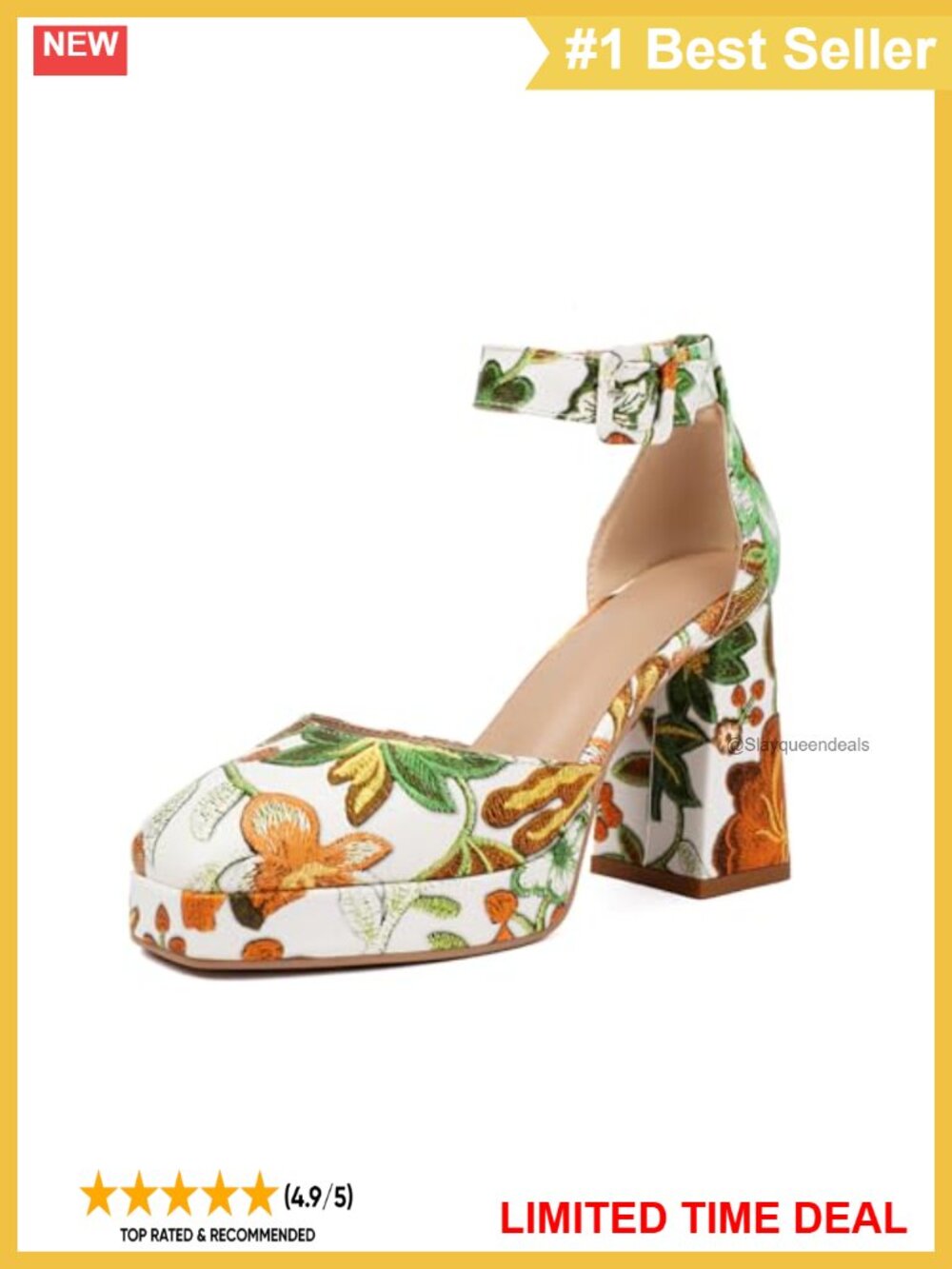 Women Floral Print Platform Pumps Chunky Block Heel Slingback Adjustable Ankle